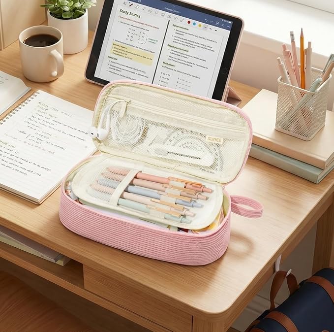 SUNEE Cute Pencil Case, Large Pencil Pouch, Aesthetic Big Pencil Bag with Zipper, Kawaii Stationery Storage and Organizer, Soft Corduroy Bag School Supplies for Teen and Adult, Boys&Girls, Soft Pink