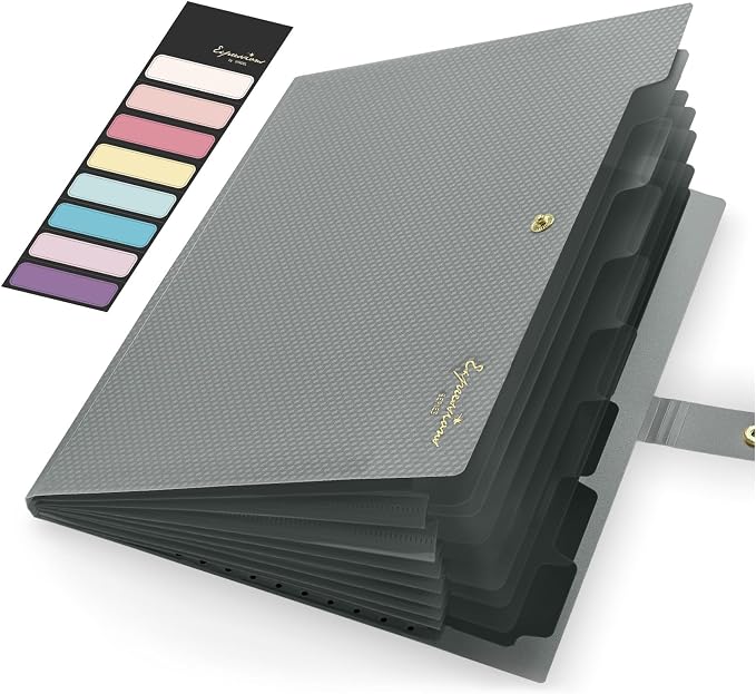 Sooez Accordion File Organizer, Letter Size Expanding File Folder with Labels, 8 Pocket Folders for Document, Portable Paper Bill Receipt Organizer for Home School Office Supplies, A4 Size, Grey