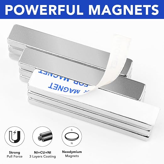 MIKEDE Strong Neodymium Magnets with Adhensive Backing 60x10x3 mm 9 Pcs | Super Strong Magnets Bar, Heavy Duty Metal Powerful Silver Rectangular Magnet for Craft, Whiteboard, Garage, Kitchen, DIY