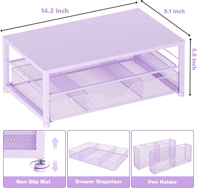 OPNICE Desk Organizers and Accessories, 2-Tier Computer Monitor Stand Riser with Drawer and 2 Pen Holders, Laptop Stand, Office Desk Accessories & Office Decor for Women, Purple