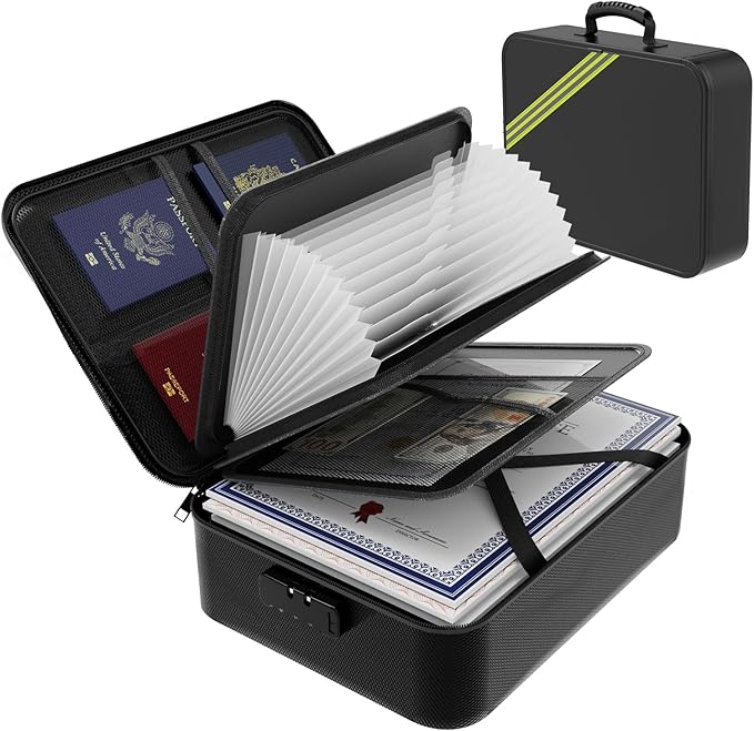 Large Fireproof Document Box with Lock,Upgraded Waterproof Fireproof Document Bag,Important Document Organizer Binder Hard Case Safe,5200℉ Fire Proof File Box,Portable for Business Travel Home