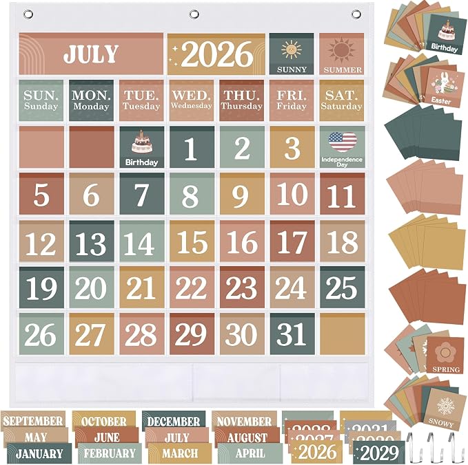 Sinload Classroom Calendar Pocket Chart Set Calendar Bulletin Board Set Seasons Festival Weather Pocket Chart for Classroom Decoration Back to School Supplies(Modern Boho,White)