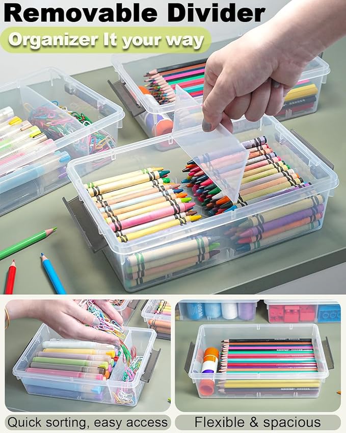 12 Pack Extra Large Pencil Box with Removable Divider, Thickened Pencil Case Bulk, Clear Crayon Marker Organizer Stackable Plastic Small Storage Containers for Pen Craft School Supplies(Grey)