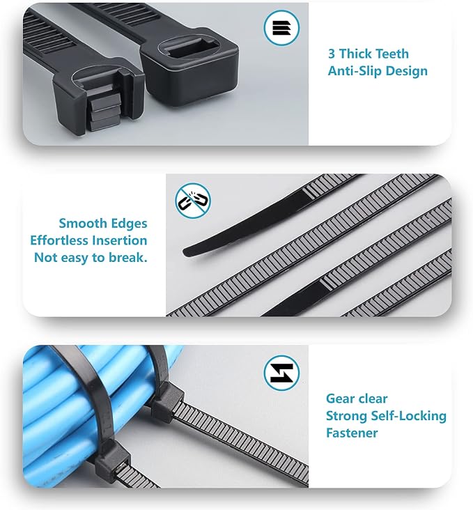 Zip Ties Assorted Sizes(4”+6”+8”+12”), 2000 Pack, Black Cable Ties, UV Resistant Wire Ties by ANOSON