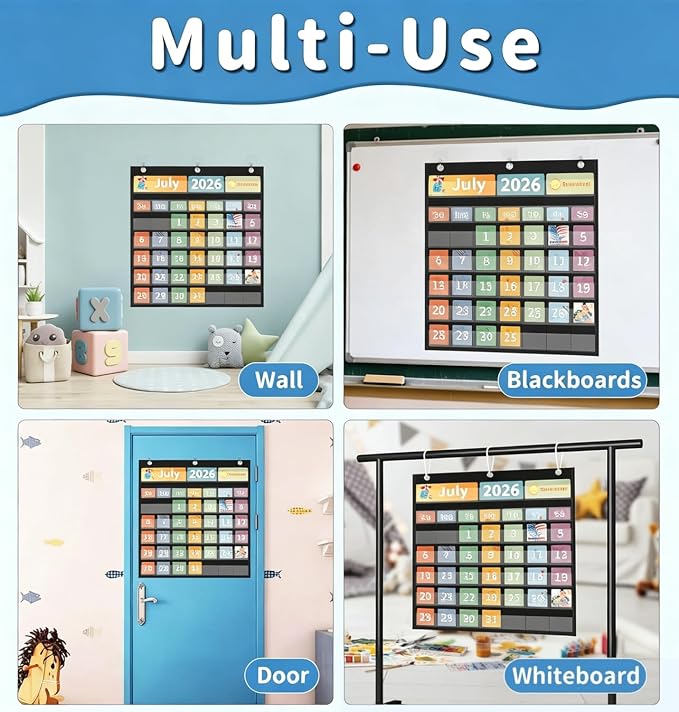 Yoink 45 Pockets Classroom Calendar Pocket Chart for Kids Learning - Monthly Calendar with Durable Fabric, Homeschool and Teacher Supplies, Preschool Kindergarten Wall Decor, Only Chart (Black)