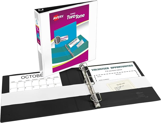 Avery Two-Tone Durable View 3 Ring Binder, 1.5 Inch Slant Rings, White/Black Binder (17287)