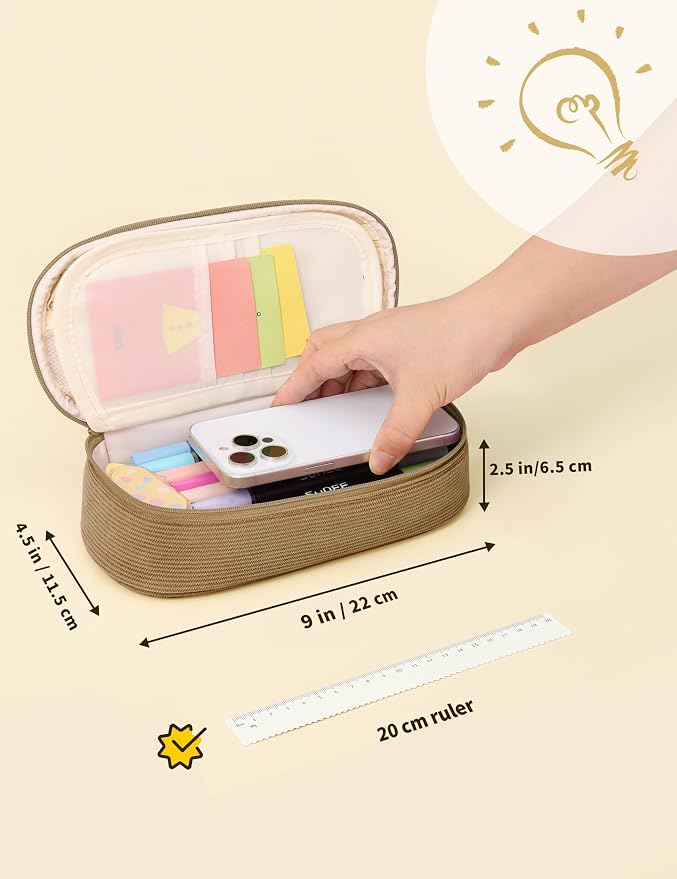 SUNEE Cute Pencil Case, Large Pencil Pouch, Soft Corduroy Fabric Big Pencil Bag with Zipper, Kawaii Pen Bag Stationery Storage and Organizer, School Supplies for Teen, Student, Boys, Girls, Khaki