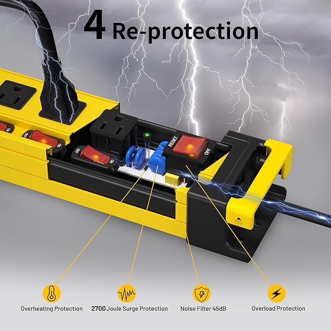 Plug'n Heavy Duty Power Strip with 3300J Surge Protector,10 Outlets Individual Switches with Cord Manager,15A/1875W/14AWG/9FT Cord,Metal Power Strip for Garage,Workshop,Home,Office