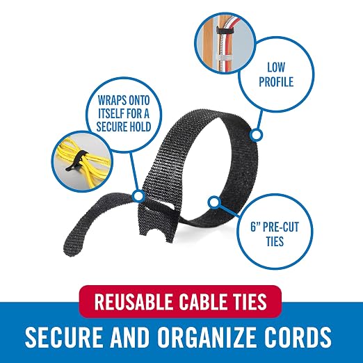VELCRO Brand Reusable Cable Ties, 100 Pack 6 Inch, Cord & Cable Management Straps for Electronics, Desk, Home Office & Workstations, Black