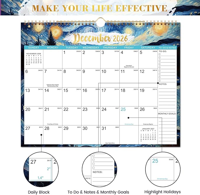 Calendar 2026-2027 - Wall Calendar 26-27, Jul 2026 - Dec 2027, 15" x 11.5" | 2026-2027 Monthly Wall Calendar, 18 Months Calendar, Large with Hook, Perfect for Organizing, For Home, Office And Classroom