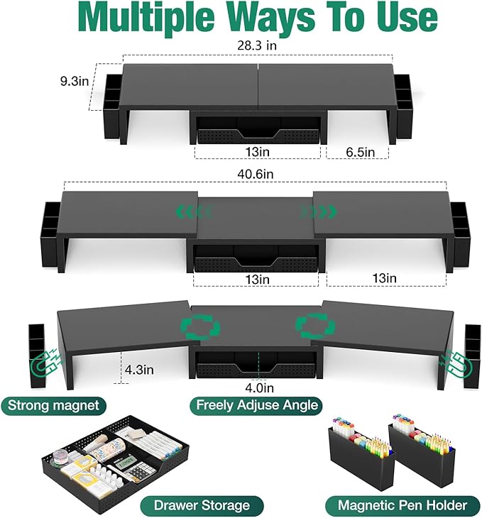 OPNICE Dual Monitor Stand Riser with Drawer and 2 Pen Holders, Desk Organizer for Office Supplies, Computer Monitor Stand for Desk, Workspace Desk Accessories for Home Office, Black
