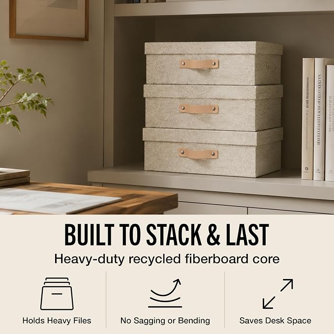 Bigso Oskar Fiberboard Document Storage Box with Lid for A4 and Letter Size Papers - Stylish, Sturdy, and Stackable Keepsake Box with Leather Handle - W10.2in x D13.8in x H3.3in - Waves Gold