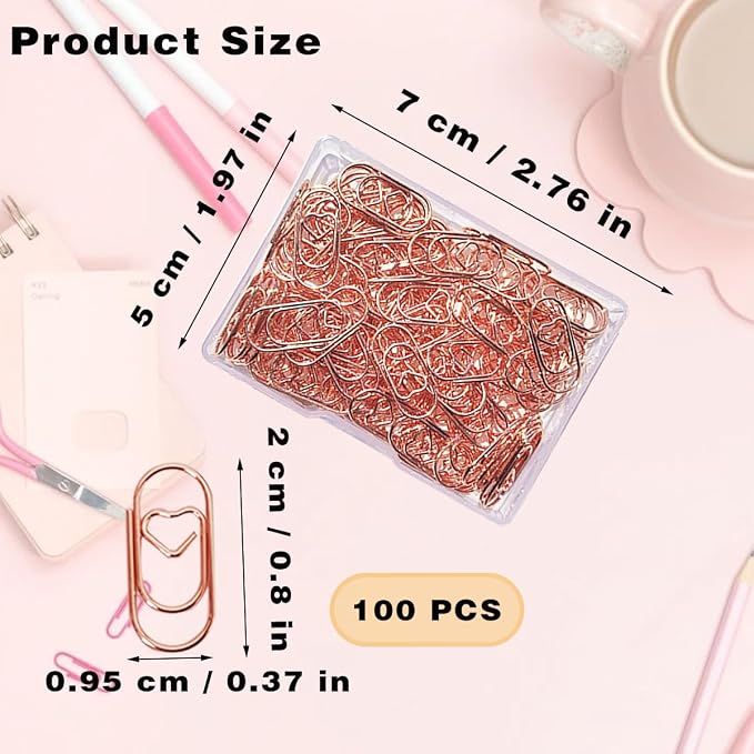 100 Pack Love Heart Shaped Paper Clips, Mini Paperclips Papers, 0.8inch Small Paper Clips for Office School Home Desk Organizers (Rose Gold)