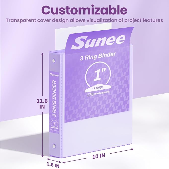 SUNEE 3 Ring Binder 1 Inch 4 Pack, Clear View 1" Binders Three Ring PVC-Free (Fit 8.5x11 Inches) for School or Office Supplies, Purple