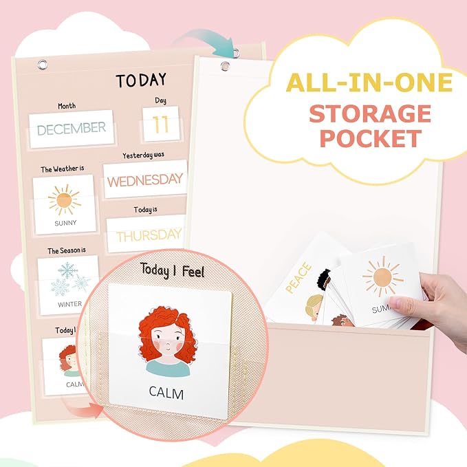 ALSLEA All About Today Calendar and Weather Pocket Chart, 21½" x 14¼" Small Boho Calendar for Kids, Preschool Circle Time Learning Center Toddler Learning Activities Chart, Homeschool Teacher Essentials 155 Cards
