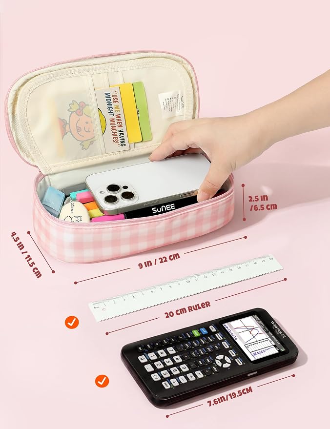 SUNEE Cute Pencil Case, Large Colored Pencil Pouch, Aesthetic Pen Bag with Zipper, Kawaii Stationery Storage and Organizer, School Supplies for Teen and Adult, Boys & Girls, Pink Checkered
