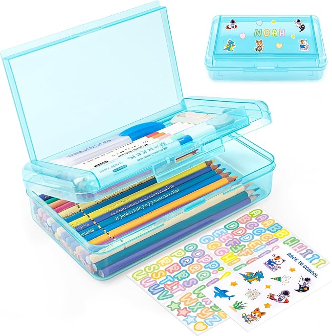 Double Layer Clear Hard Pencil Cases ,Plastic Personalized Pencil Box with Snap-Tight Lid for Pen, Pencils, School Office Supplies Marker Crayon Organizer Storage Box,Standard Size (Light Blue)
