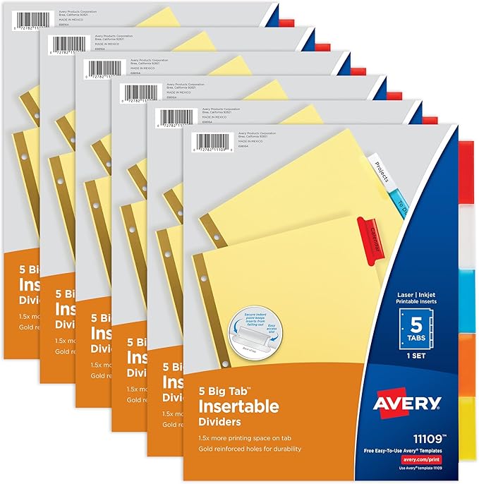 Avery Binder Dividers - 5-Tab Insertable Multicolor Big Tabs for Binders,Sets of Dividers (11109),(Pack of 48)