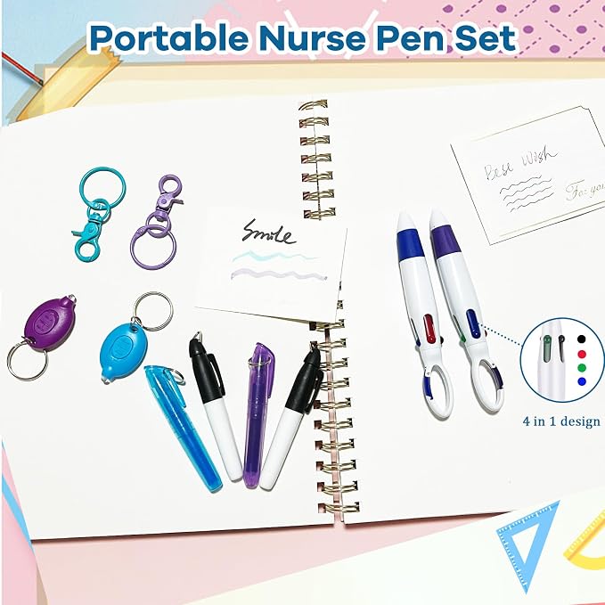 5 Pcs Nurse Accessories Pen Set, Nursing Essentials Include Badge Keychain Clip, Mini Highlighter, Permanent Marker, Ballpoint Pen and LED Keychain Flashlight, purple