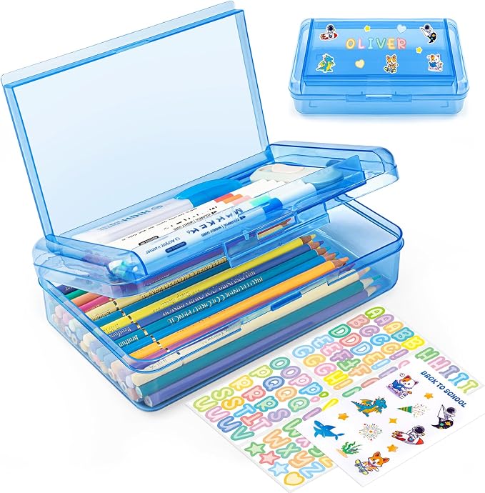 Double Layer Clear Hard Pencil Cases,Plastic Personalized Pencil Box with Snap-Tight Lid for Pen, Pencils, School Office Supplies Marker Crayon Organizer Storage Box,Standard Size (Blue)