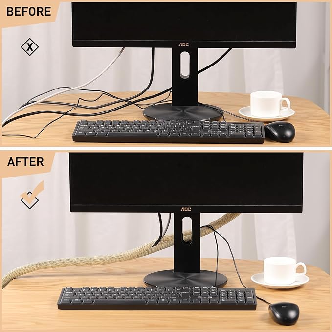 AGPTEK Cable Sleeve, 10ft - 4/5 inch Cable Management, Desk Cord Cover Organizer Wire Hider for Home Office Computer TV Wire Loom Tubing, Pet Proof Cord Protector from Cat Dog Chewing, Wood Color