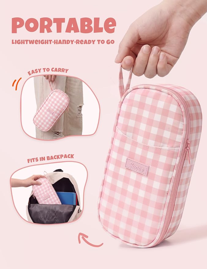 SUNEE Cute Pencil Case, Large Colored Pencil Pouch, Aesthetic Pen Bag with Zipper, Kawaii Stationery Storage and Organizer, School Supplies for Teen and Adult, Boys & Girls, Pink Checkered