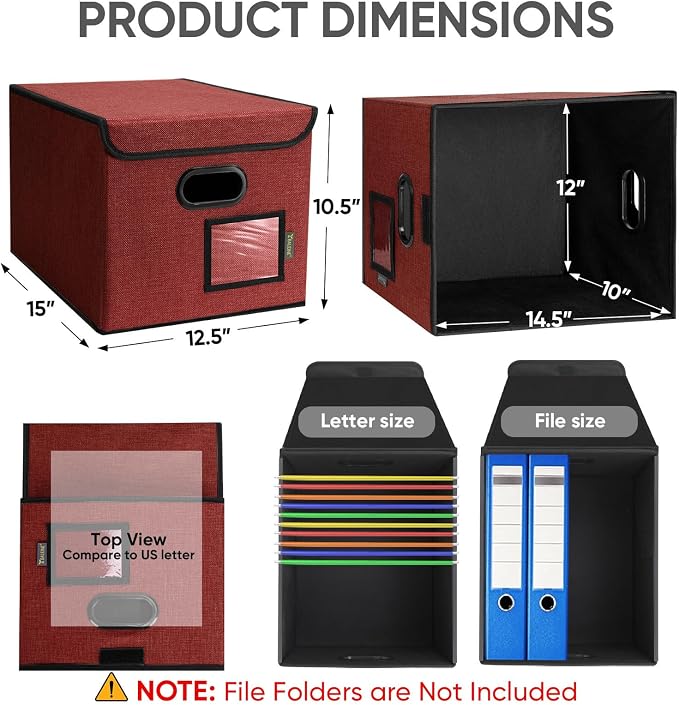 BALEINE File Organizer Box with Lid, Collapsible File Folder Organizer with Plastic Slide, Hanging File Folder Box for Office Document Storage (1 Pack, Red)