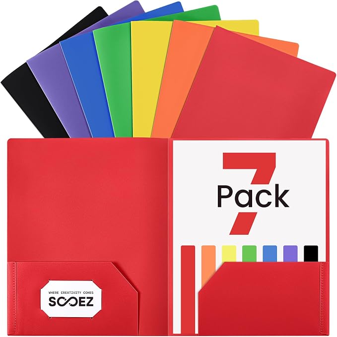 Sooez 7 Pack Folders with Pockets, 2 Pocket Folders with Extra Labels, Plastic Folder with Pockets, Heavy Duty File Folder Bulk, School Business Office Filing Supplies