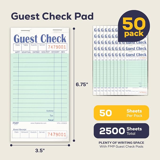 FMP Brands Guest Check Books for Servers, Server Note Pads Paper, Total 2500 Sheets (50 Pads), Light Green with Guest Receipt, Guest Check Pads, Restaurant Order Pads, Waitress Notepads