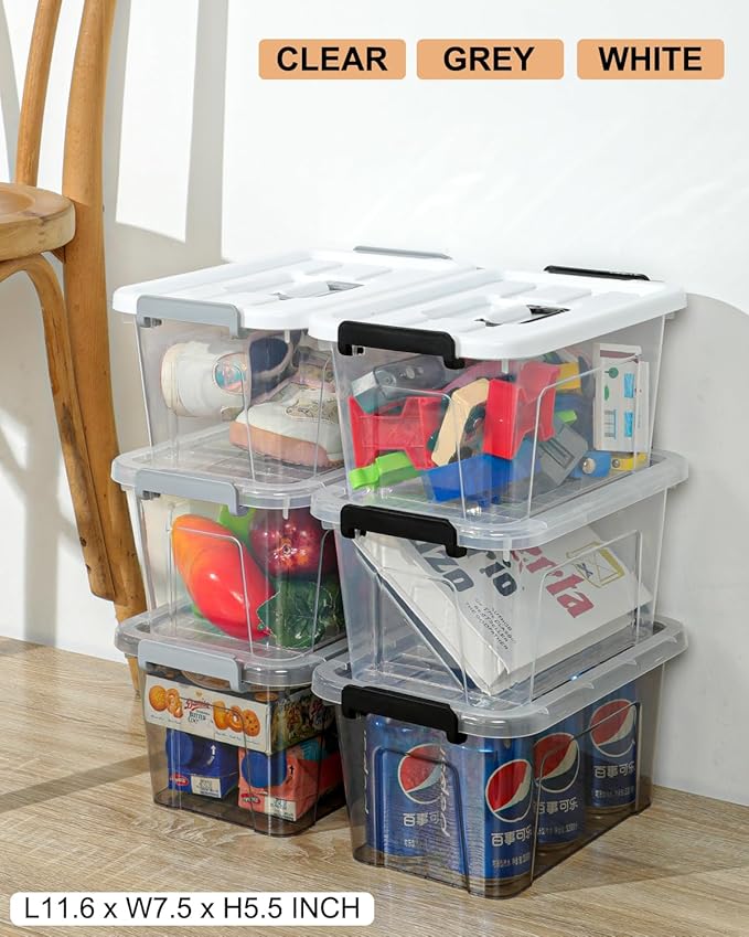 NUMIFUN 7Qt Clear Plastic Storage Bins with Lids,6 Pack | Stackable organizing totes with buckle latches & handles.Dust-proof clear design for home,office & pantry space saving