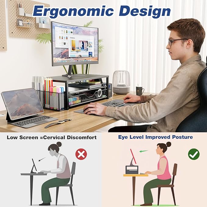 OPNICE Wood Desk Organizers and Accessories, 2-Tier Computer Monitor Stand Riser with Drawer and 2 Pen Holders, Laptop Stand, Office Desk Accessories for Office Supplies, Brown