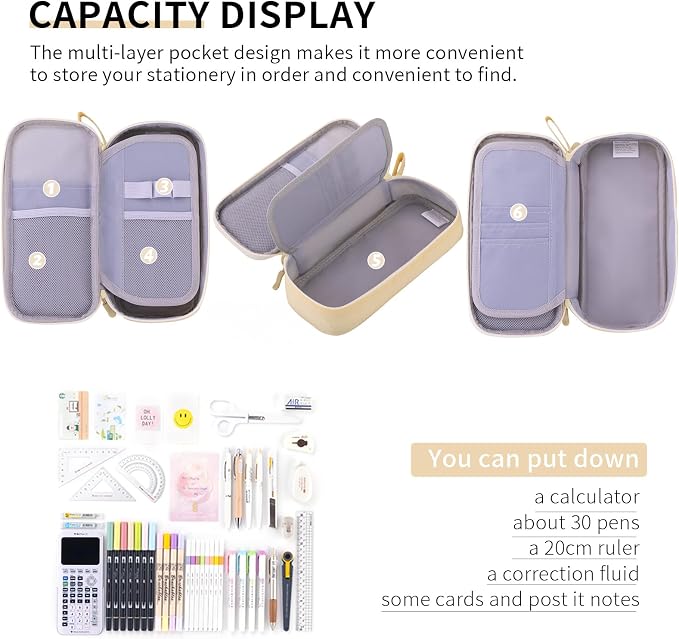 CICIMELON Durable Pen Pencil Case Big Storage Pen Pouch Bag for School Supplies College Teen Girls Adults, Beige