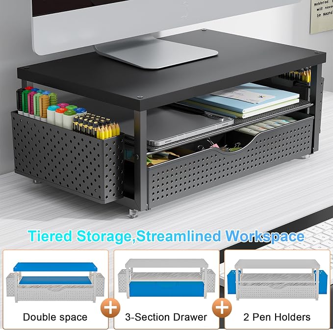 gianotter Desk Organizers and Accessories, Monitor Stand with Drawer and 2 Pen Holder, Desktop Organizer Suitable for Offices and Dormitories (Black-Plain)