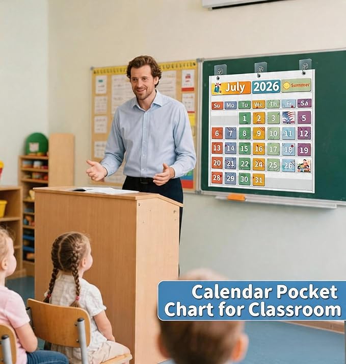 Yoink Classroom Calendar Pocket Chart with 45 Clear Pockets - Blank Monthly Calendar Chart for School, Teacher Essentials, No Cards Included(White)