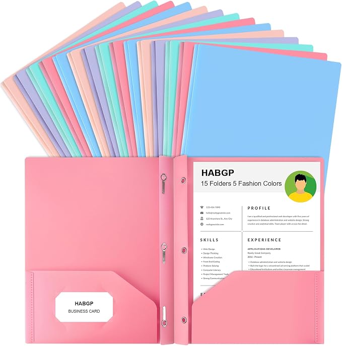 HABGP Two Pocket Folder with Prongs (15 Pack, Pastel Colors), Plastic Folders with Pockets and Business Card Holder, Folders with Pocket Fit Letter Size, Organizing Papers in School, Office & Business