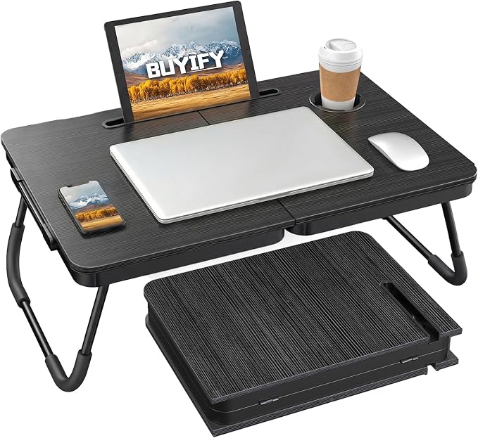 BUYIFY 23.4" Foldable Lap Desk Bed Table with Cup Holder Portable Tray | Folds Flat for Easy Storage, No Assembly Laptop Bed Desk, Sturdy and Lightweight, Versatile for Work Eat Study, Patent Design
