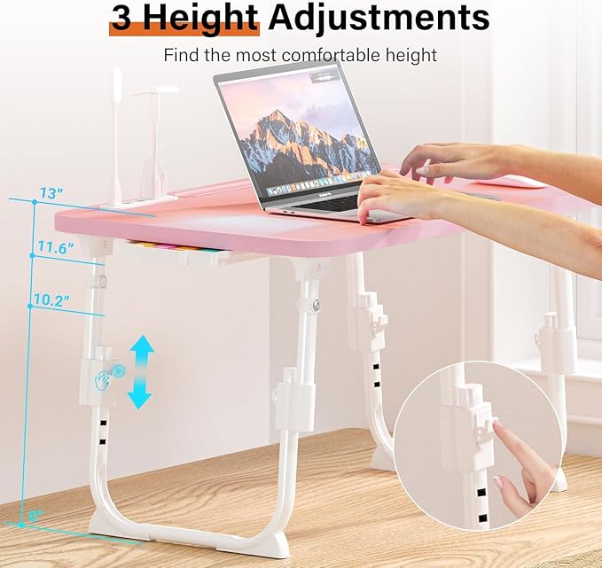 Lap Desk for Bed, Adjustable Laptop Desk with USB Charging Port, Storage Drawer & Bookshelf — Foldable Bed Desk for WFH & Students, 23.6" Desktop Fits 20" Laptop, Non-Slip, Pink