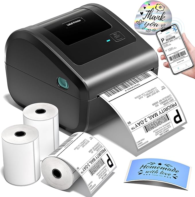 Bluetooth Shipping Label Printer with 3 Roll Labels | D450BT Thermal Label Printer 4x6 with Built-in Label Bin, Thermal Printers Come with 750PCS 4x6‬ Labels (250 Labels/Roll)