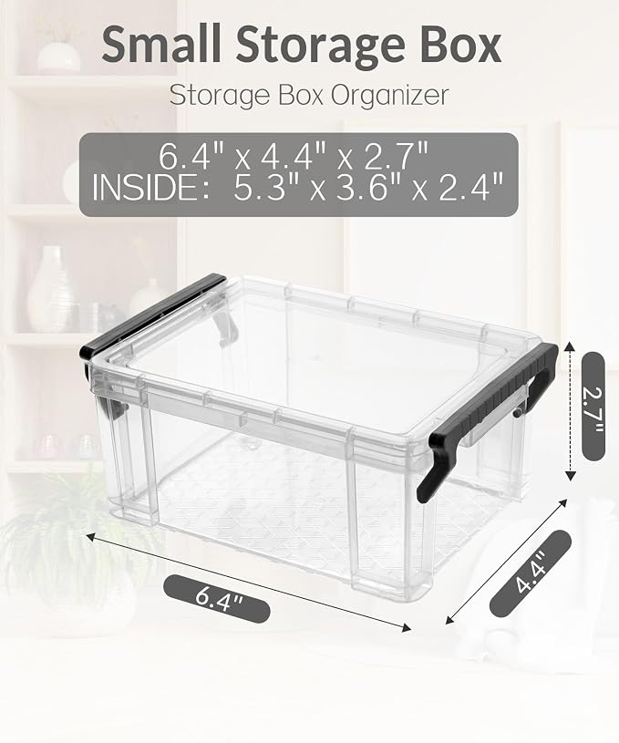 Sooez 6 Pack Small Plastic Containers with Lids, 6.4" x 4.4" x 2.7", Clear Crayon Box Pencil Pouch, Stackable Stroage Organizer for Beads Craft and Art Supplies, Storage Bins for Jewelry and Stickers
