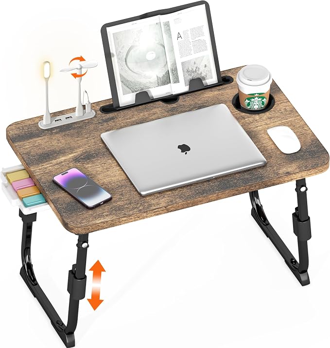 Lap Desk for Bed, Adjustable Laptop Desk with USB Charging Port, Storage Drawer & Bookshelf — Foldable Bed Desk for WFH & Students, 23.6" Desktop Fits 17" Laptop, Non-Slip, Carbonized