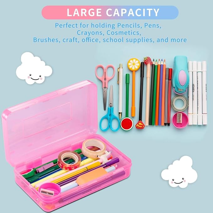 Sooez 1 Pack Clear Pencil Box, Plastic Hard Pencil Case with Stickers, Large Crayon Box with Snap-tight Lid, Stackable Storage Box Art Craft Marker Organizer Box for Kids Boys Back to School, Green