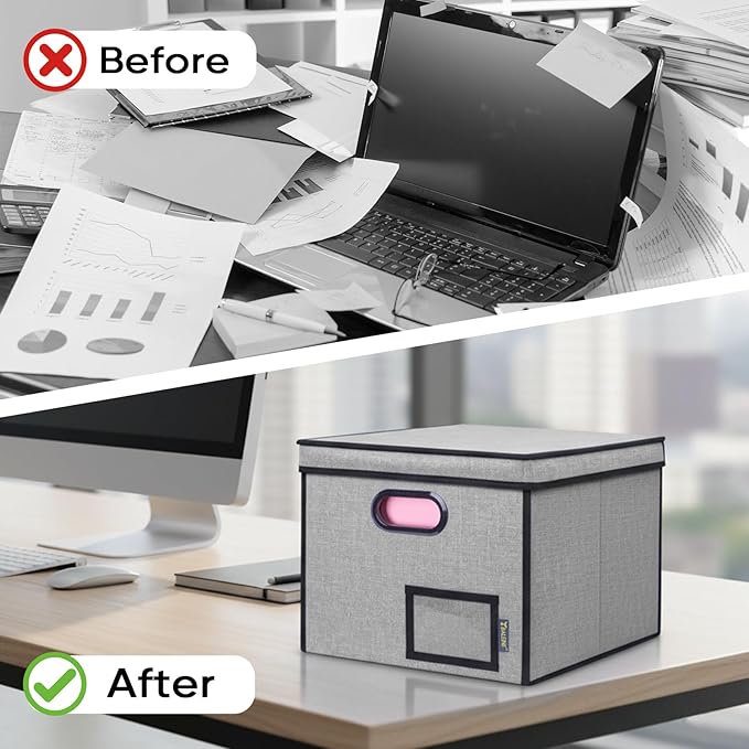 BALEINE File Organizer Box with Lid, Collapsible File Folder Organizer with Plastic Slide, Hanging File Folder Box for Office Document Storage (Tab Friendly, 1 Pack, Grey)