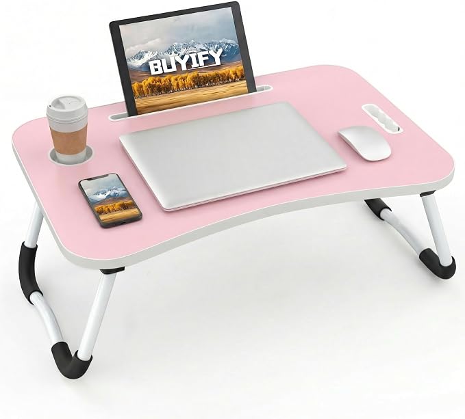 BUYIFY 23" Foldable Lap Desk for Laptop Writing w/Cup Holder Pink | Sturdy and Durable, Laptop Bed Desk with Tablet Slot, No Assembly, Space Saving for Bed Couch Dorm WFH Students
