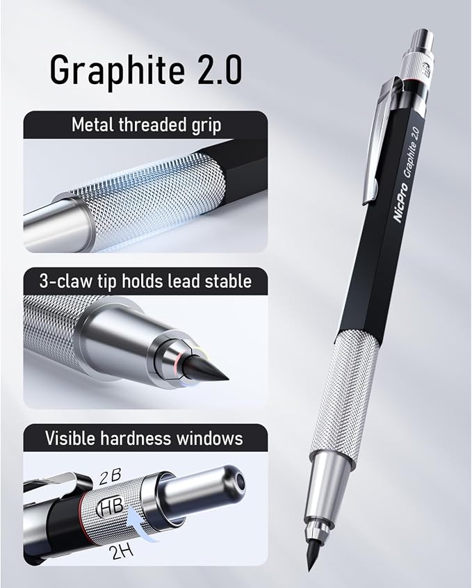 Nicpro 2mm Metal Mechanical Pencil Set with Case, 3PCS Lead Pencil Holder 2.0 mm with 144PCS Lead Refills (4H 2H HB 2B 4B 6B Color), Eraser, Sharpener for Drafting Writing Drawing Sketching