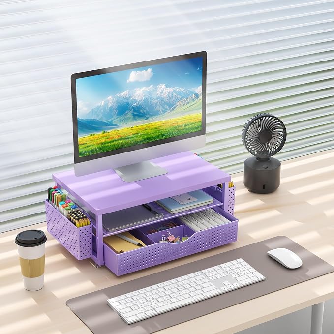 gianotter Desk Organizers and Accessories, Monitor Stand with Drawer and 2 Pen Holder, Desktop Organizer Suitable for Offices and Dormitories (Purple-Plain)