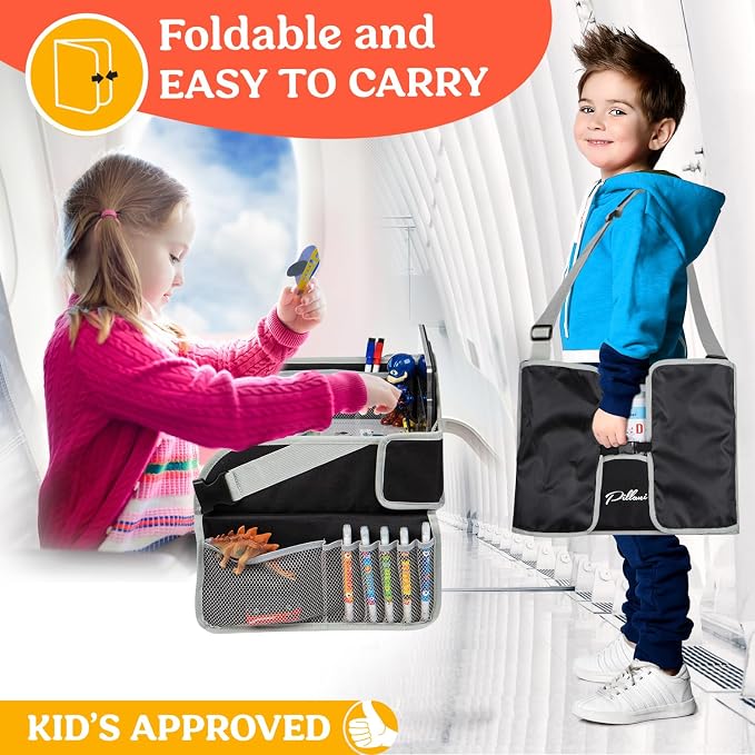 PILLANI Kids Travel Tray for Car - Car Seat Tray with Activity Sheets & Pens, Road Trip Essentials for Car & Airplane, Must Have Toddler Travel Lap Desk Accessories - Road Trip Activities for Kids