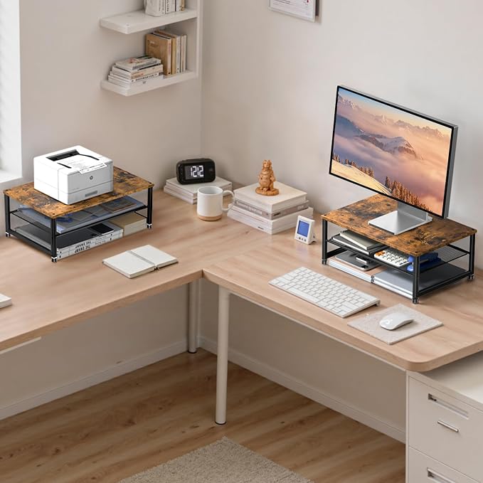 ECOLOVI 2-Tier Computer Monitor Stand Riser, Desk Organizer for Monitor, Printer & Laptop Stand, Desktop Workspace Organizers for Office Supplies(Brown)