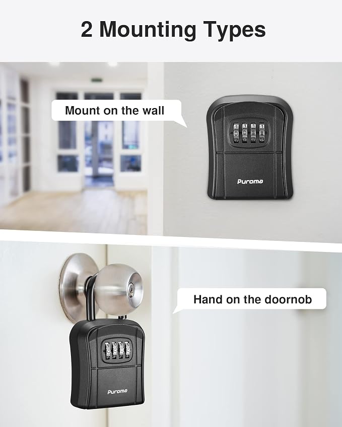 Puroma Key Lock Box, Portable Combination Lockbox Wall-Mounted Storage for House Keys, Resettable Code Safe Security Lock Box for Home, Office, Apartment Spare Key Storage (4 Pack, Pure Black)