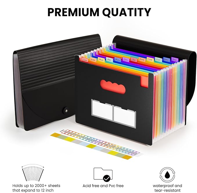 Sooez Accordion File Organizer, 13 Pockets Expanding File Folder, Portable Monthly Paper Bill Tax Receipt Organizer, Letter A4 Size Document Holder with Blank Labels, White