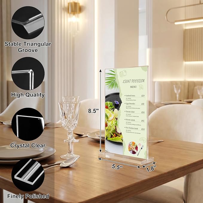 xydstay 6pack Acrylic Sign Holder 5.5 X 8.5, Vertical T Shape Clear Plastic Sign Holder, Menu Holder,Table Display Stand for Restaurant, Office, School, Store and Home Use